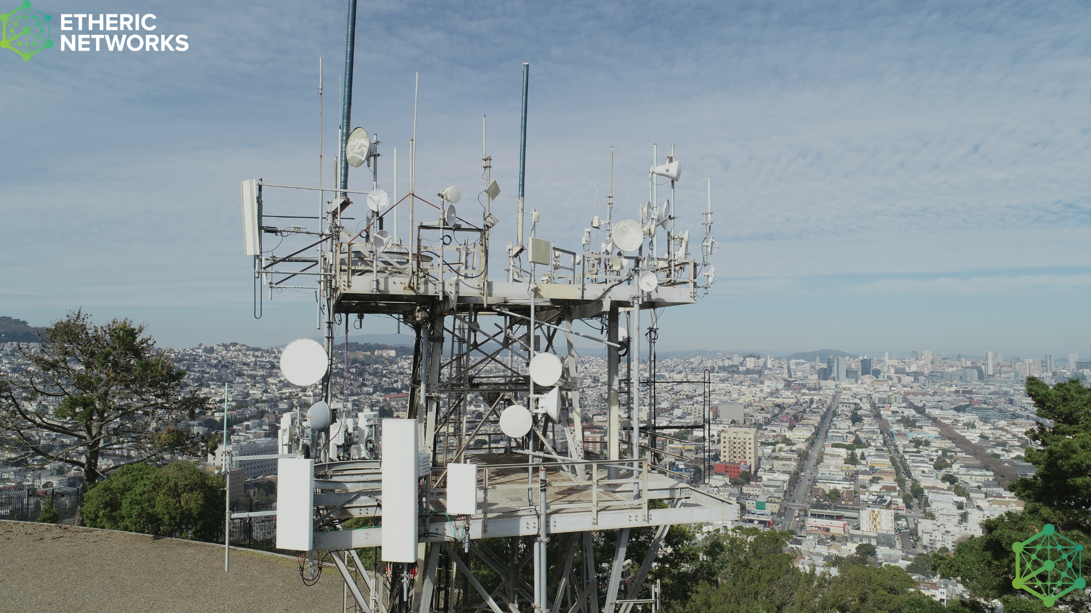 Etheric Networks fixed wireless tower providing fiber-backed business internet redundancy and failover connectivity across the San Francisco Bay Area.